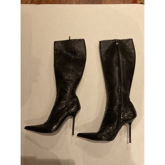 Gianmarco Lorenzi - Black Python Leather Knee High Stiletto Boots - 6.5/37 - Picture 2 of 9